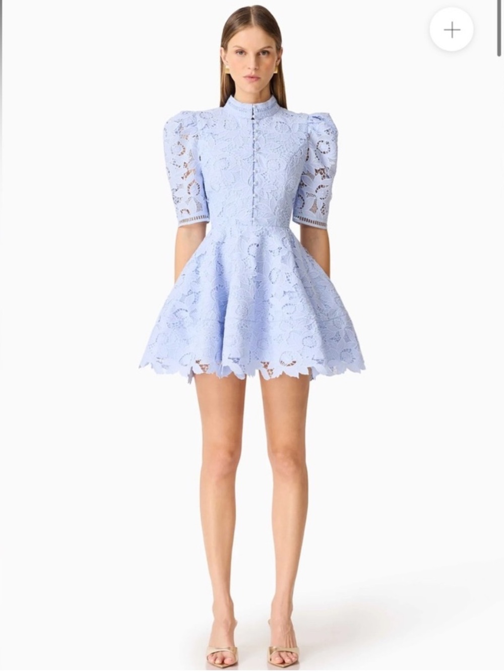 elliatt lacy blue broderie lace pearl button puff sleeve mini dress size small
